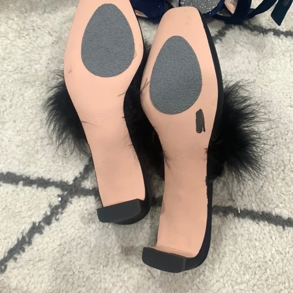✅ J Crew Mule Heels Layla in Black Feathers